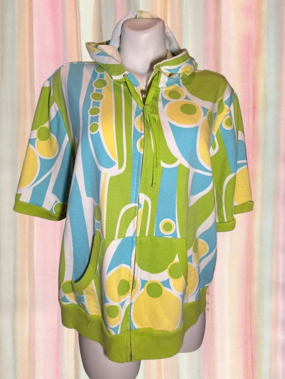 Light Pastel Knit Top with Subtle Aqua and Lime Print